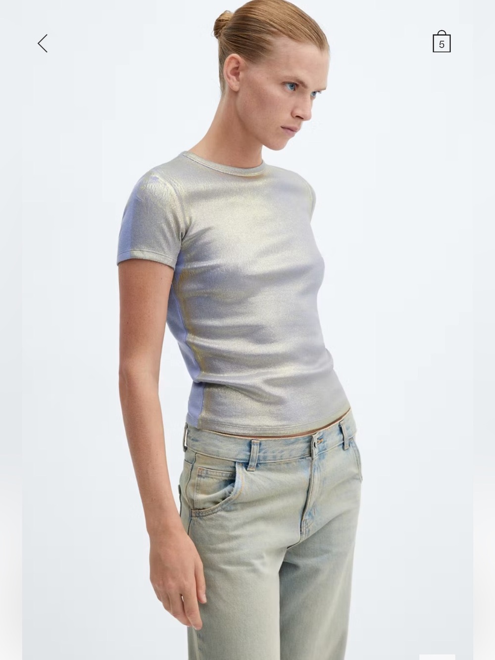 Mango Ice Blue Gold Metallic Ribbed Crew Neck Top
